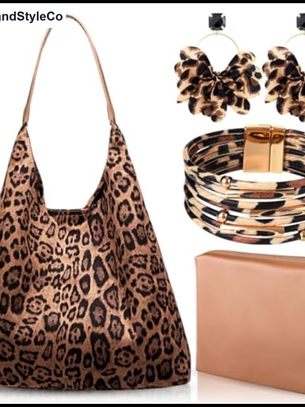 Leopard Tote Bag Set Faux Suede Cosmetics Bag Earrings Bracelet 4 Piece
